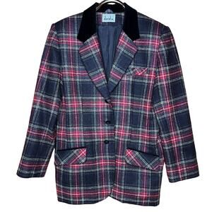 Wool Tartan Plaid Jacket Size Large Vintage 90s David N Velvet Collar Classic